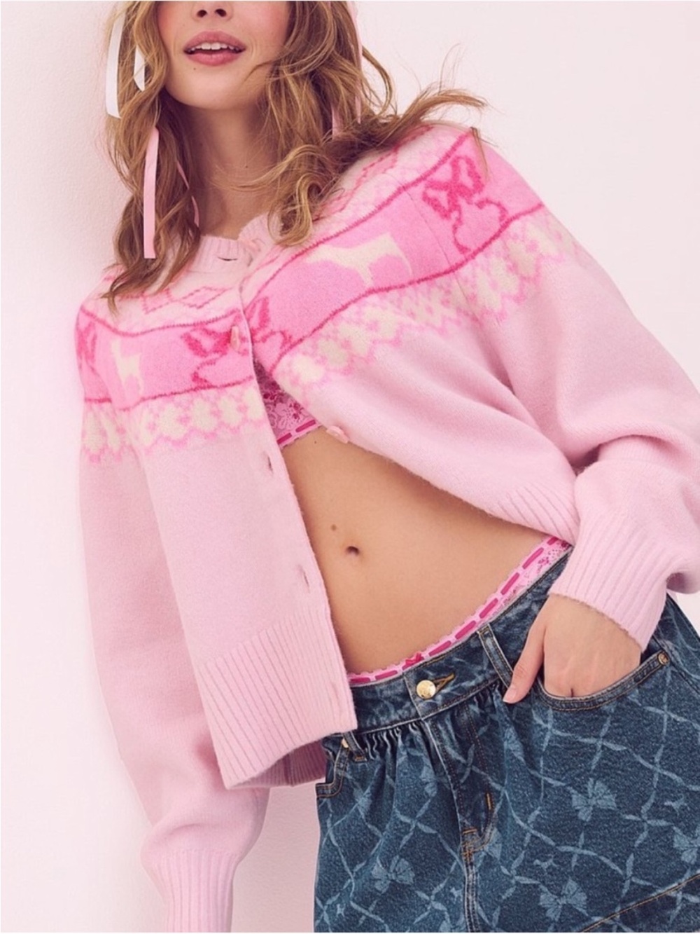 New! PINK X LOVESHACKFANCY BOXY CARDIGAN Pink Tulip Fairisle Small 57332